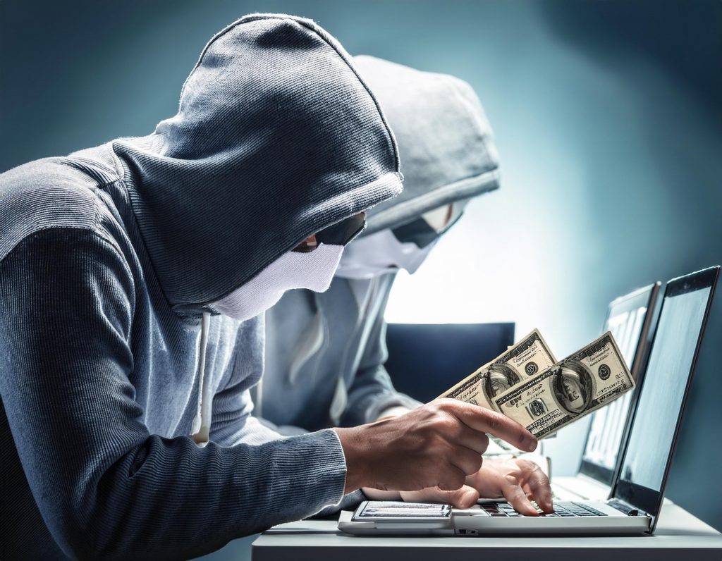 Two faceless men holding money and at a computer screen wearing hoodies